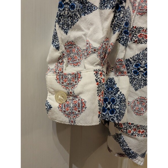 LOFT Womens XL Long Sleeve Boho Geometric Blouse Ivory Blue Tunic Top - Picture 7 of 12